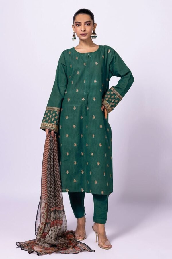 Khaadi Fabrics 3 Piece Suit Dyed Embroidered Dobby | Top Bottoms Dupatta Green 3 pc